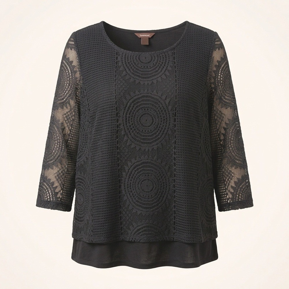 Multiples Womens Black Mesh Lace Layered Top Geometric Medium Boho Sheer